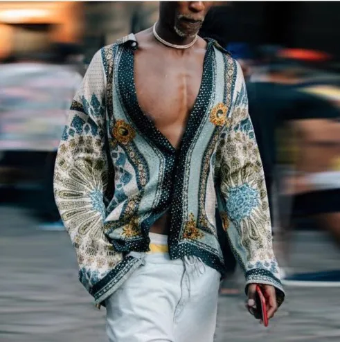 Bohemian Printed Deep V Neck Long Shirts For Men With Lapel Collar