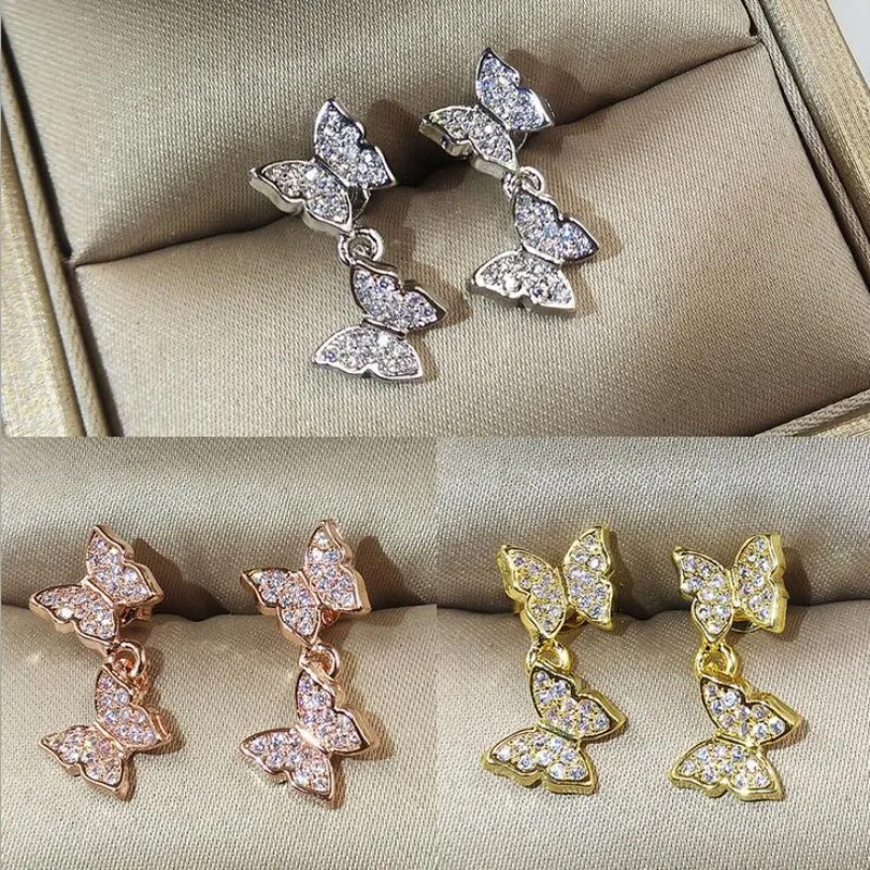 Stud 2019 Nuovo arrivo Gioielli di lusso Argento sterling 925 Oro rosa Fill Pavimenta 5A Bianco Chiaro Cubic Zirconia Farfalla Orecchino da donna per gli amanti G230602