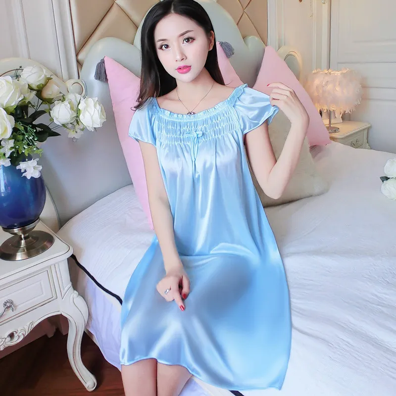 Sexy Night Dress Ice Silk Satin Sleepwear Nightgown Sleeping Dresses Plus  Size