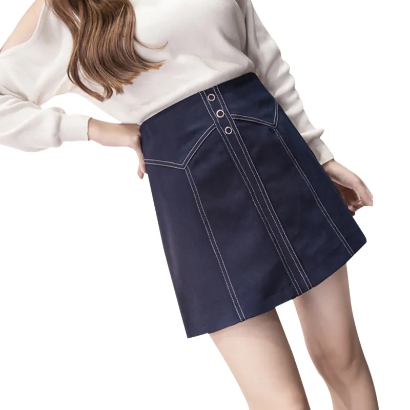 Wholesale-Mini Skirt 2018 Spring Autumn New Zipper Front Button Casual Skirt High Waist Women A-Line