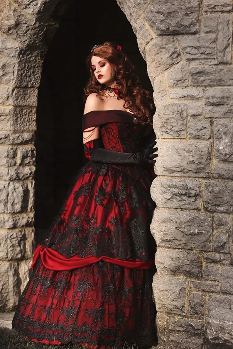 Victorian Halloween Royal Wedding vampire's wife dress - Gothic Black and Red Off-Shoulder Corset Back with Puffy Tulle Lace and Bridal Gown