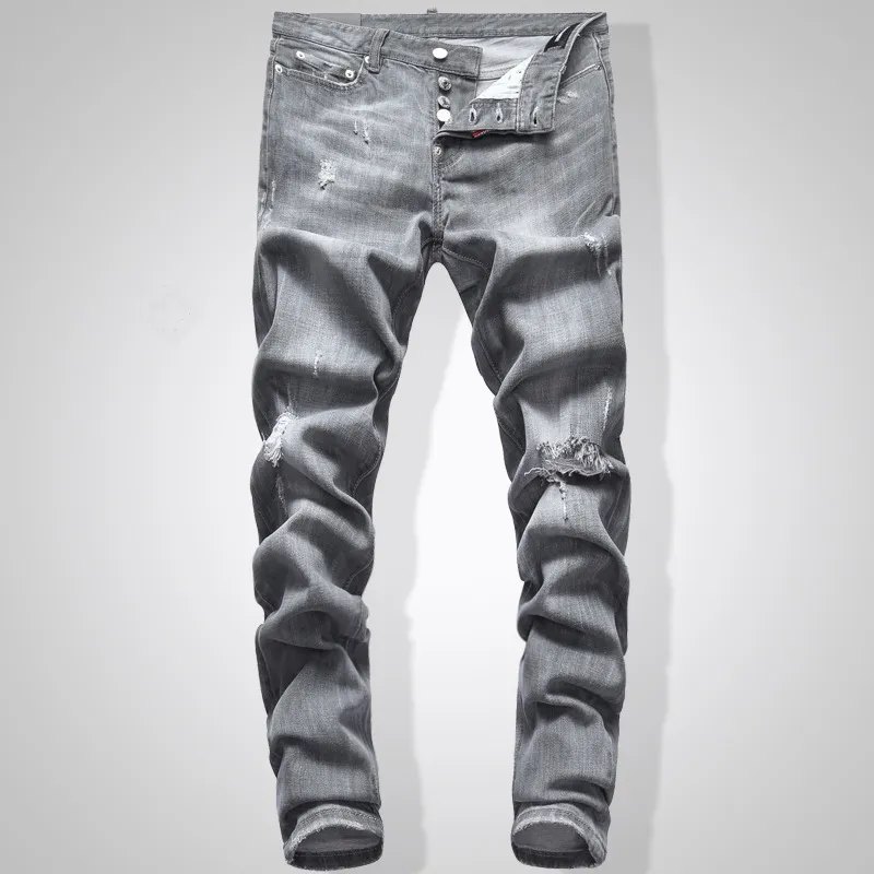 Jeans grigi da uomo slim fit denim tinta unita hip hop streetwear jeans da motociclista pantaloni lunghi da uomo