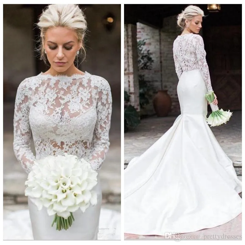 Mermaid Modest Sleeves Dresses Lace Appliques See Through Satin Jewel Neck Long Wedding Bridal Gowns Vestidos De Marriage