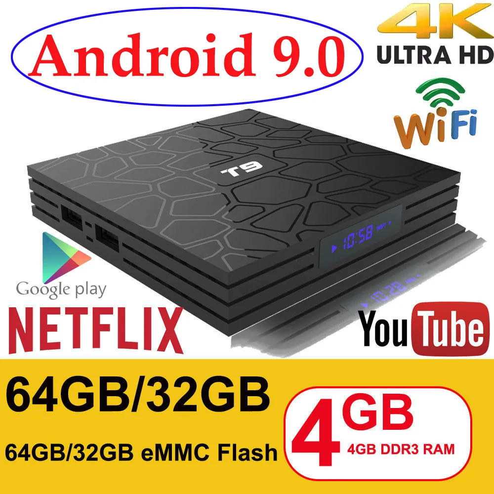 Android 9.0 TV Box T9 4 GB RAM 32 GB/64 GB Rockchip RK3318 1080P H.265 4K Google Player Store TVBOX