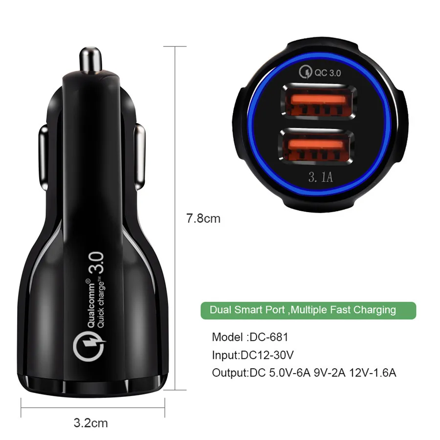 Carregadores de carro de telefone celular Dual USB QC3.0 Adaptador de carga rápida Carregador inteligente 12V 3.1A para Android sem embalagem