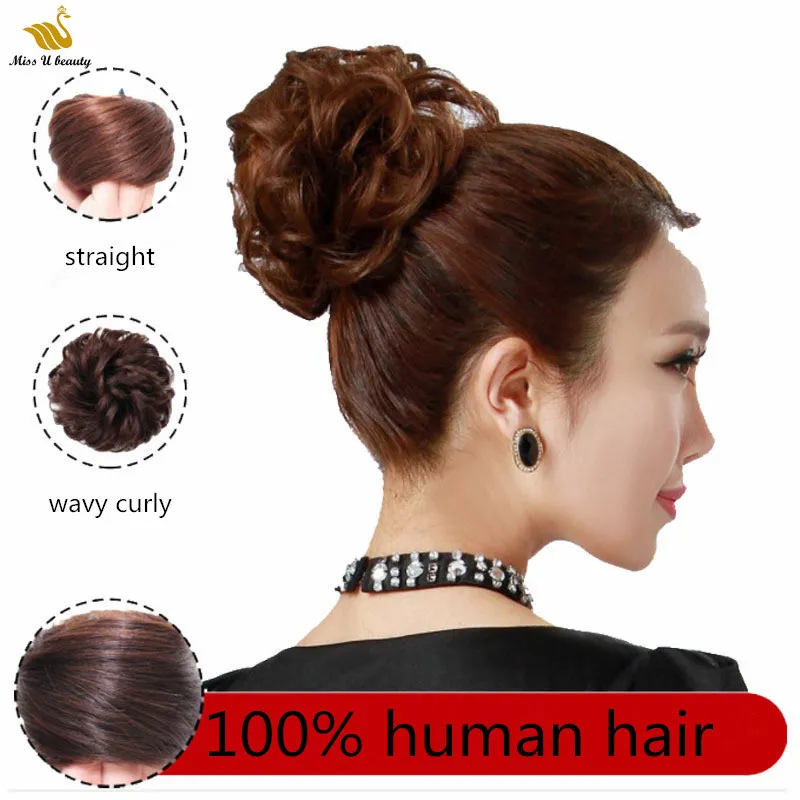 100% prawdziwych rozszerzeń włosów Ludzki Elastyczne zespołu Scrunchie Updo Hairpieces Doney Chignon Curly Topknot