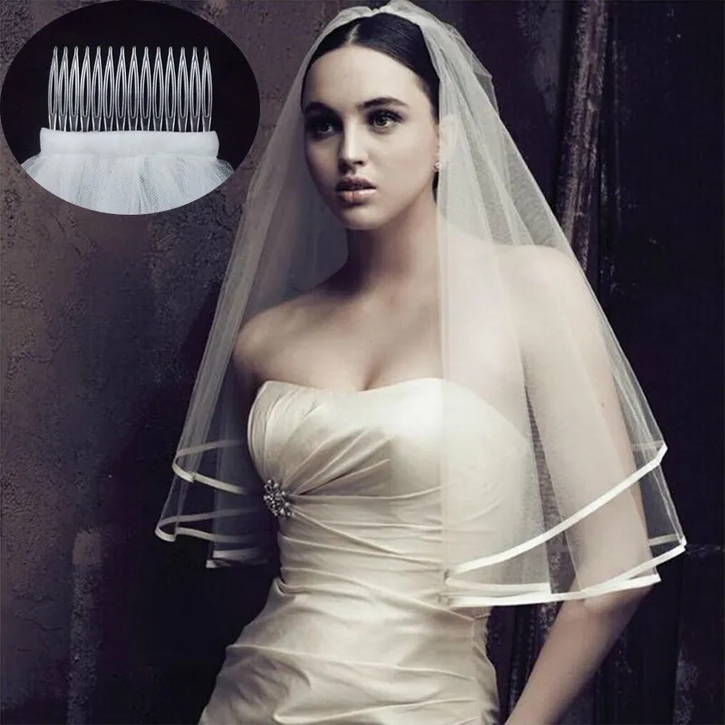 veli di tulle da sposa velo mple ed eleganti con pettine e accessori per matrimoni a bordo a nastro a due strati