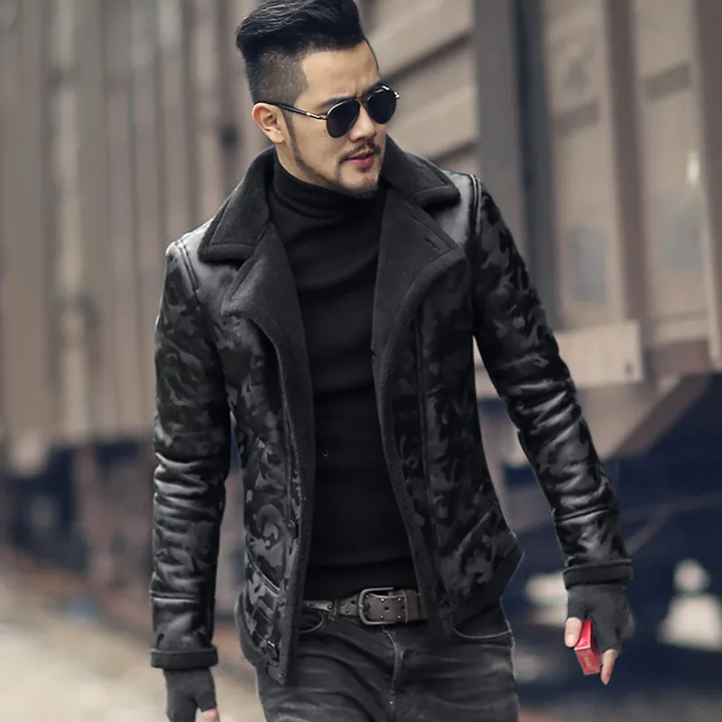 Black Lamb Woolen Men Fur Coat Winter Warm Camouflage Fur Collar Faux Mens Leather Jacket Moto Luxury Slim Natural Thick