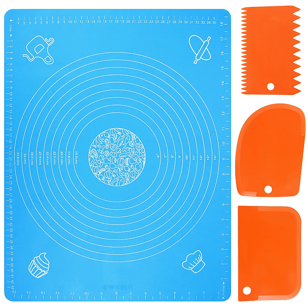 Silicone Baking Mat With 3 Pieces Plastic Dough Scraper High temperature Resistance Non-Stick Kneading Mat With Scale 50 x 40 CM Blue