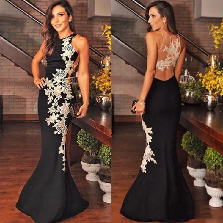 Sexy Black Mermaid Prom Dresses 2020 Jewel Neck Lace Applique Illusion ...