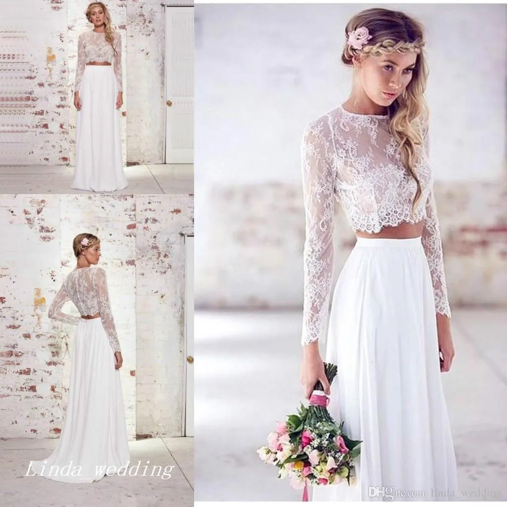 2019 Günstiges 2-teiliges weißes Boho-Hochzeitskleid, hochwertige Chiffon-Spitze, Sommer, Strand, böhmische lange Ärmel, Brautparty-Kleider in Übergröße