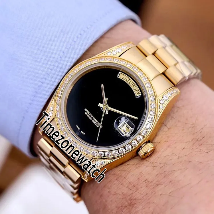 New Day Date A2813 Automatic Mens Watch Diamond Bezel 18K Yellow Gold Case Black Dial Watches Sapphire Limited Edition Timezonewatch E03a1