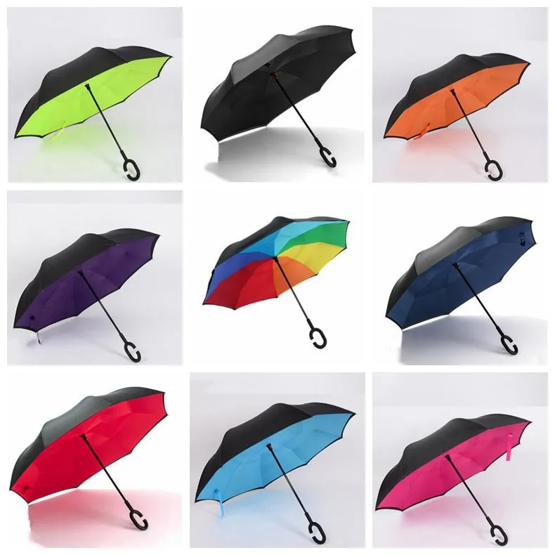 Parapluie inversé Poignée en C Parapluies inversés Coupe-vent Pliant Double Couche À l'envers Ensoleillé Rainy C-Hook Mains libres Parapluie pour voiture YPP7335