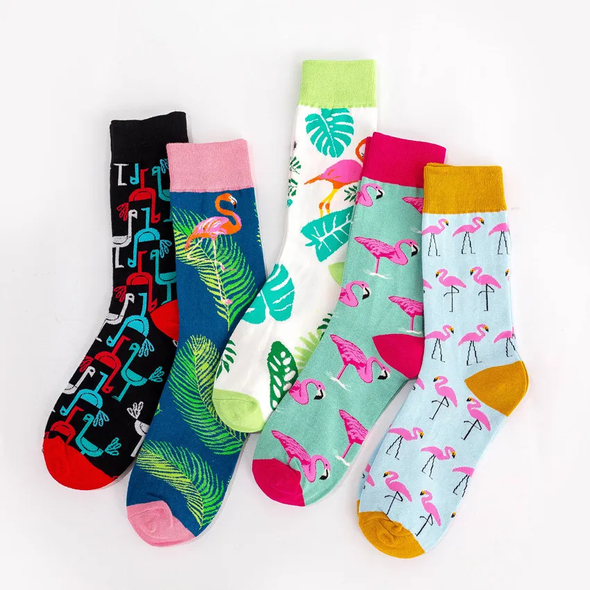 Combed Cotton Colorful Gogh Retro Argyle Flamingos Men Socks cool casual Dress Funny party dress crew Socks 1pair 2pcs M113