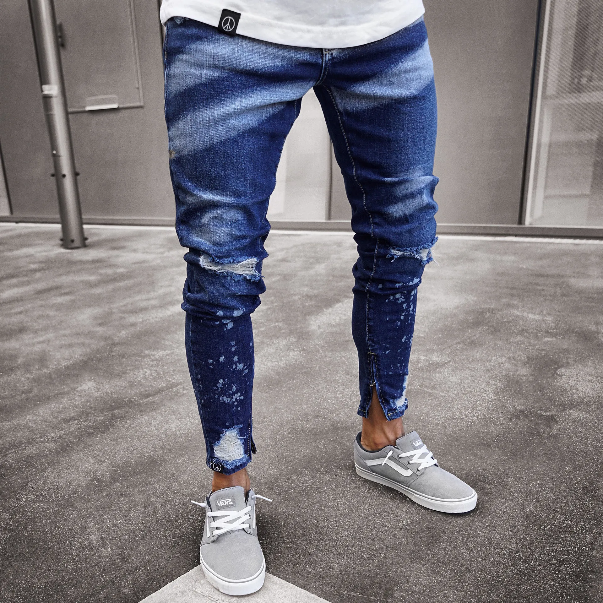 Fashion-Washed Blue Mens Jeans Clothing Color Gradient Pencil Jean Pants Long Slim Fit Zipper Biker Jeans
