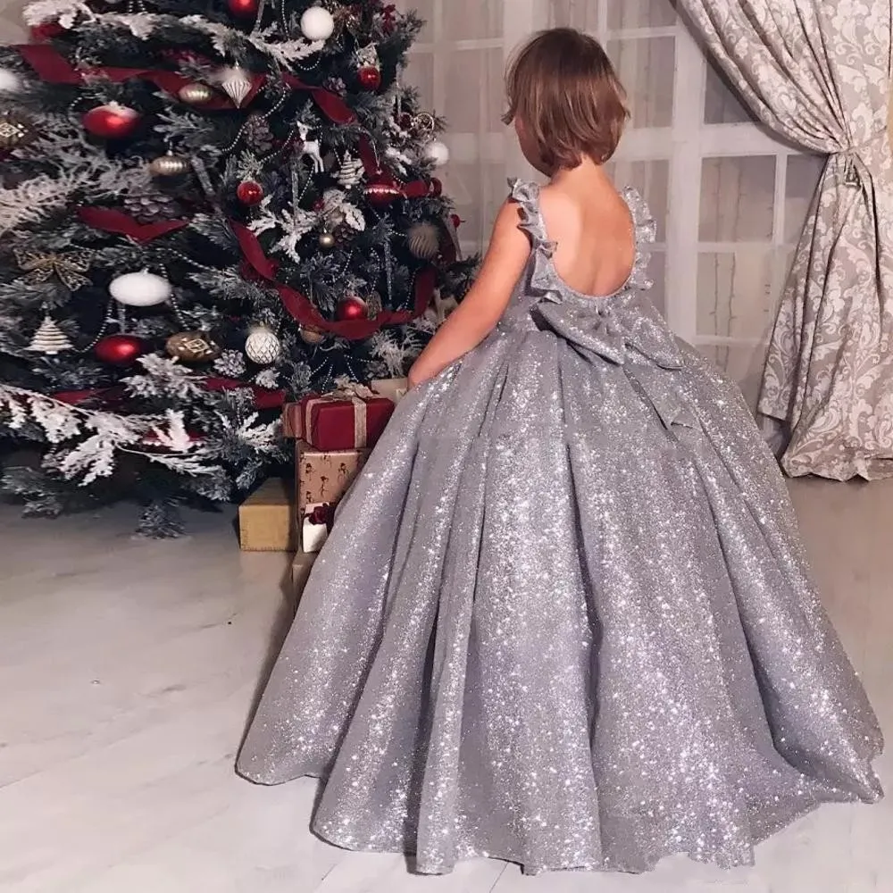 Vestido de fiesta Vestidos para ni as Vestidos de color gris plateado con lentejuelas Cuello joya Sin mangas Espalda abierta Hasta el suelo Vestido