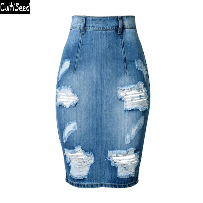 Cultiseed mulheres jeans saia 2019 feminino cintura alta buraco magro festa de quadril jeans jeans lápis saia senhoras escritório saia de trabalho