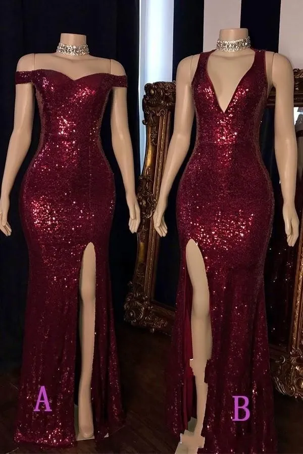 Tanie Sexy Rose Gold Burgundy Cekinowe suknie wieczorowe Nosić Syrenka V Neck Off Side Boide Split Cekiny Formalne Prom Dresses Party Suknie