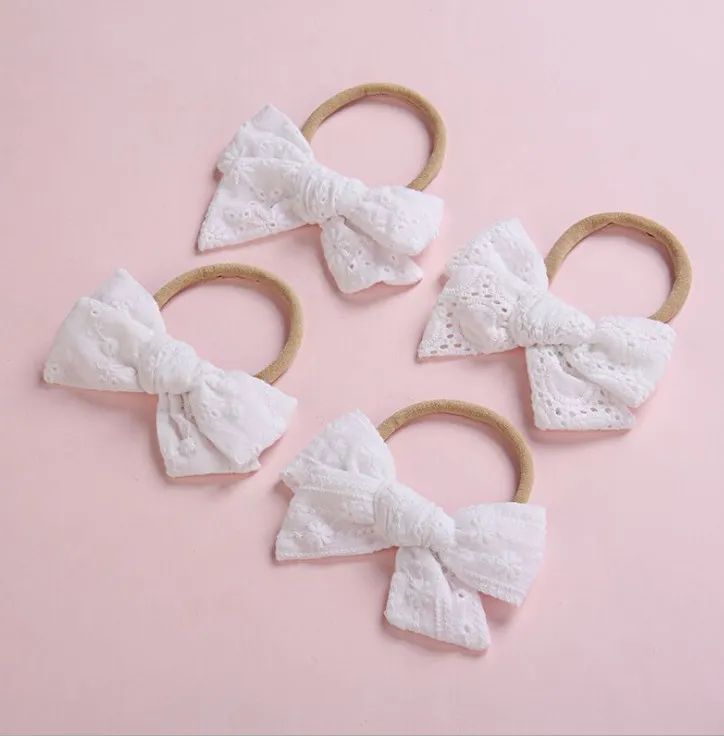 Ragazze Lace Bows scrunchie Dolce pizzo bianco ricamo floreale cavo Bambini elastico fascia porta coda di cavallo Bambini fasce per capelli principessa Y2921