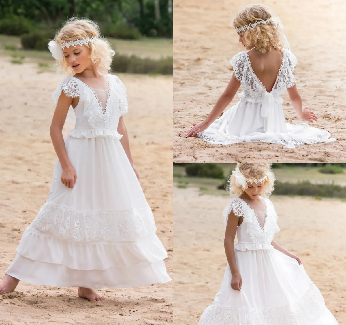 Chic Flower Girl Dresses for Wedding Cap Sleeves Lace Appliqued A Line Golv Längd Bohemian Girls Dress Kids Formal Gowns