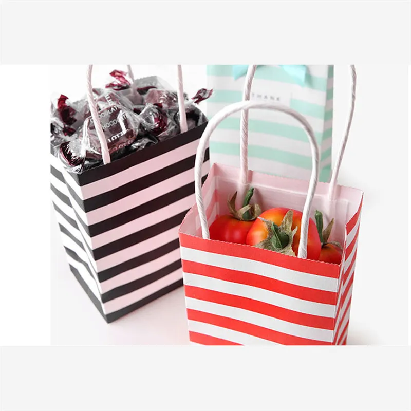 Striped White Kraft Paper Reusable Grocery Bags With Handles And