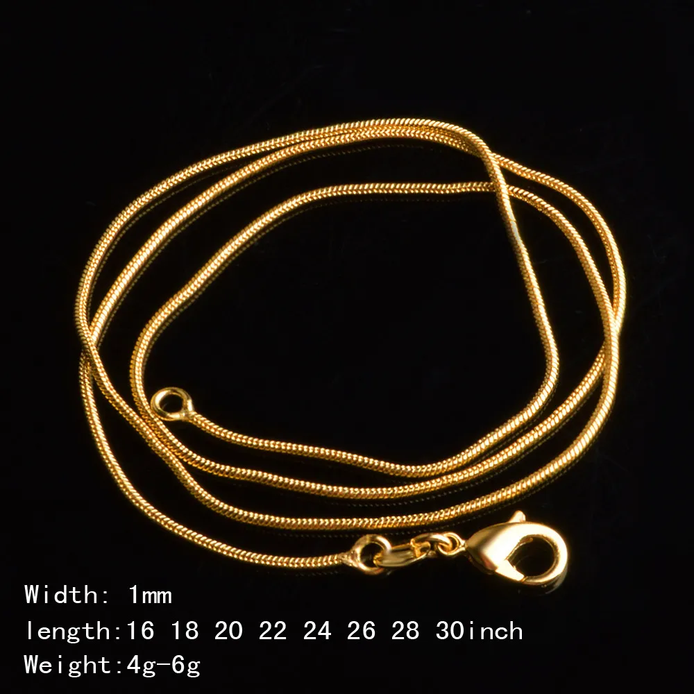 Catene di serpente placcato oro 1MM 18K 16-30 pollici collana di chiusura a moschettone liscia dorata per le donne Gioielli di moda da donna in massa a buon mercato