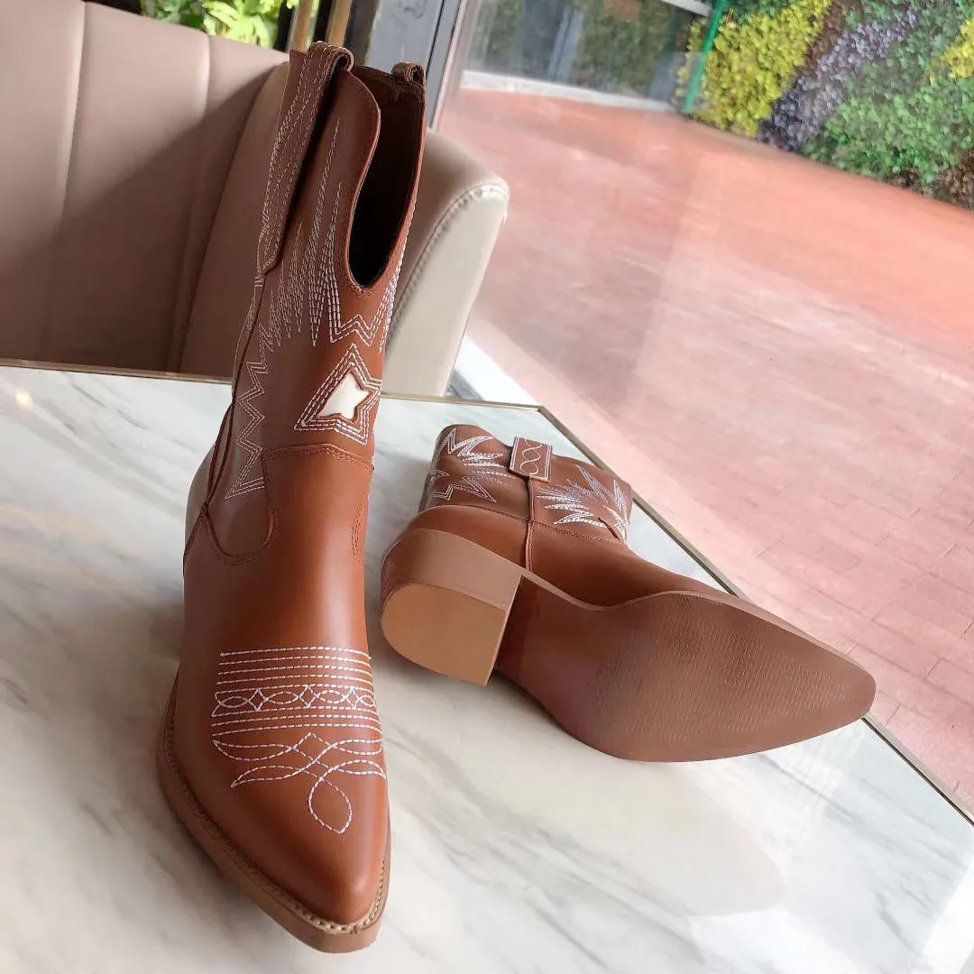 Vente chaude - printemps automne femmes noir blanc Light Tan REAL cuir bottillons à bout pointu classique gros talons bas Cowboy Western pull ON Boots