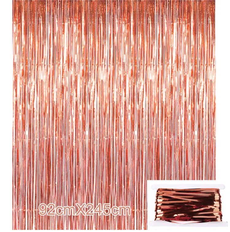 Fengrise 92 * 245 cm Rose Gold Party Dekoracji Gmimmering Folia Fringe Tinsel Drzwi Zasłona Wedding Birthday Photo Tackdrop