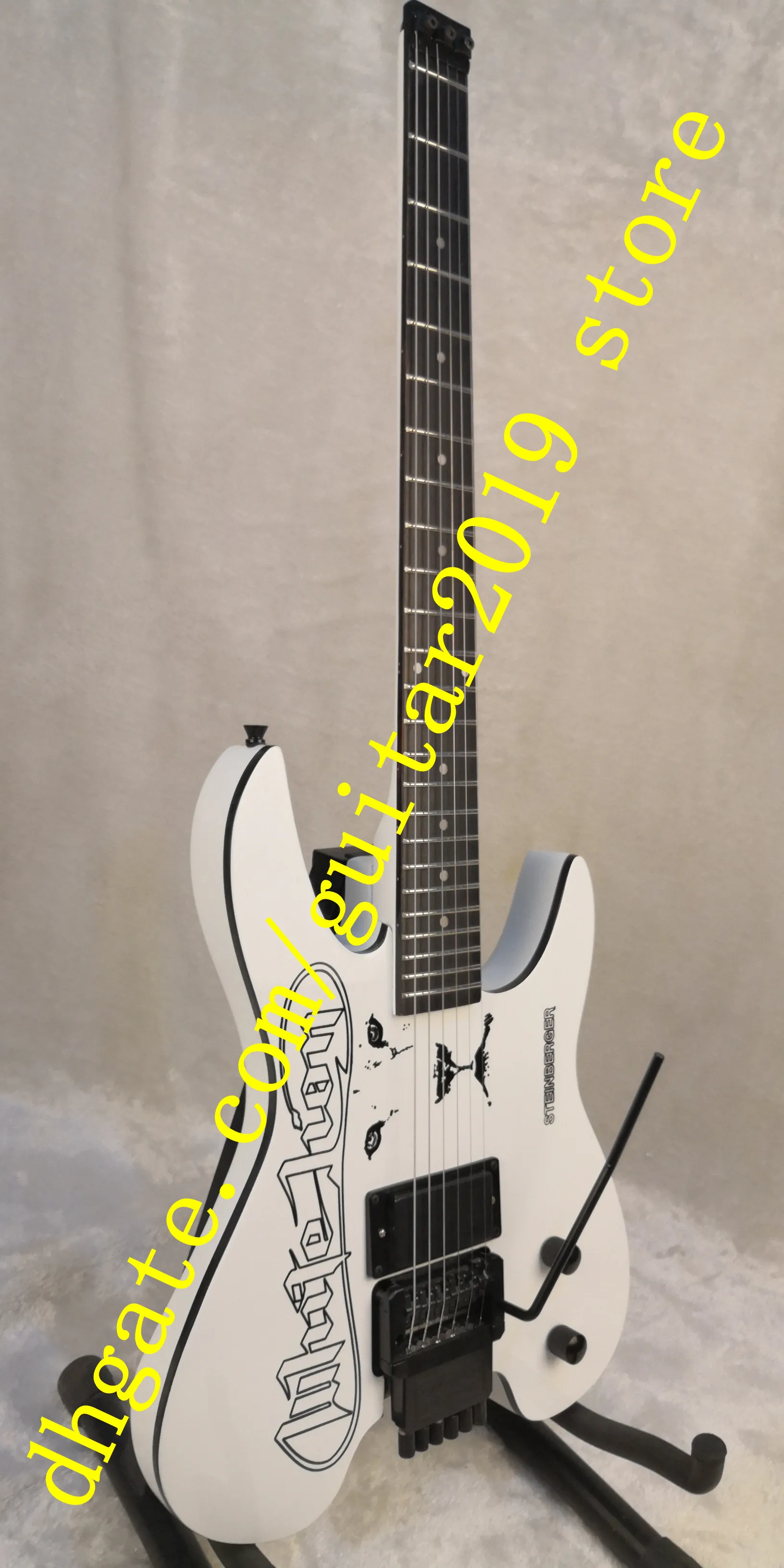 白いボディと首のライオンヘッドレスエレクトリックギターとローズウッドフレットボードブラックハードウェア送料無料
