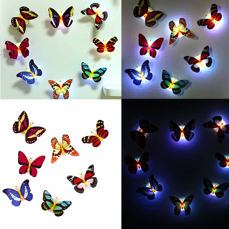 뜨거운 10 개 벽 스티커 다채로운 빛나는 나비 LED 조명 밤 빛 벽 스티커 3D 집 홈 장식 스티커 아이 선물