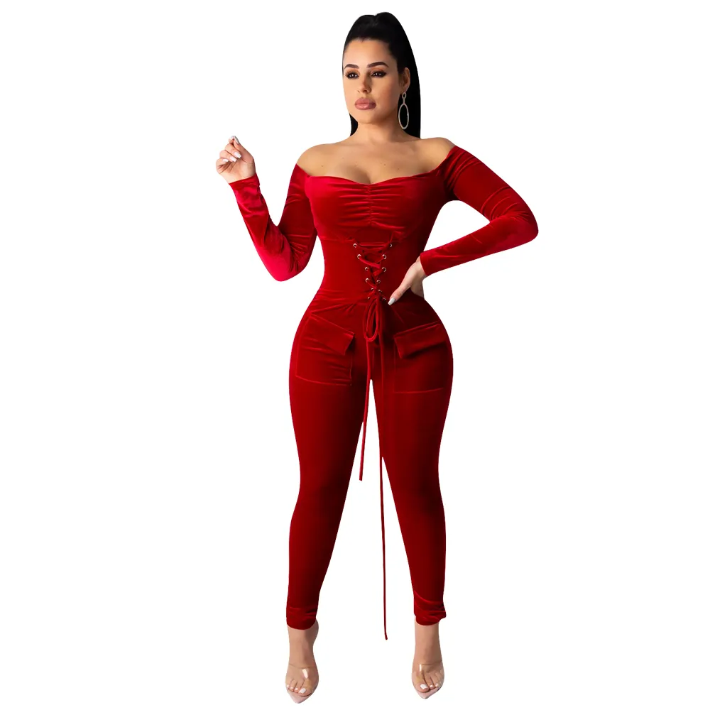 Kış Kadife Kadınlar Jumpsuit Lace Up Bel Uzun Kollu Boyun tulum Seksi Parti tulum Artı boyutu Bodysuit Slash Cepler