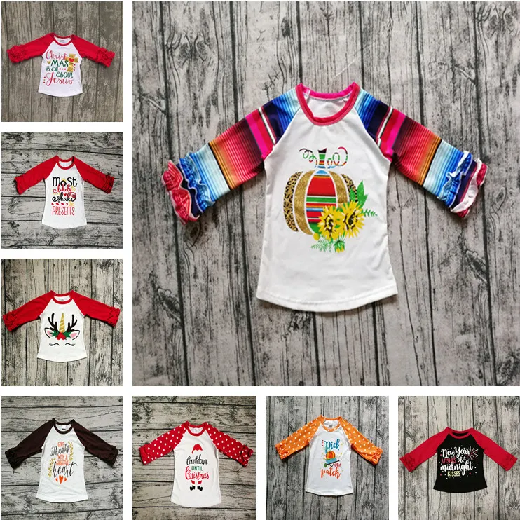 Halloween Christmas Baby Clothes Fall Girls Ruffled Sleeve T-shirts Toddler Baby Unicorn Letter Pumpkin Cotton Raglan Tops Kids Clothing