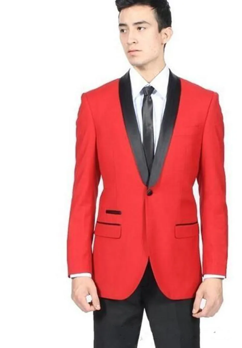 Smoking da sposo dal nuovo design elegante con un bottone, scialle rosso, risvolto, testimoni dello sposo, abito da uomo migliore, abiti da sposa da uomo (giacca + pantaloni + cravatta) 966