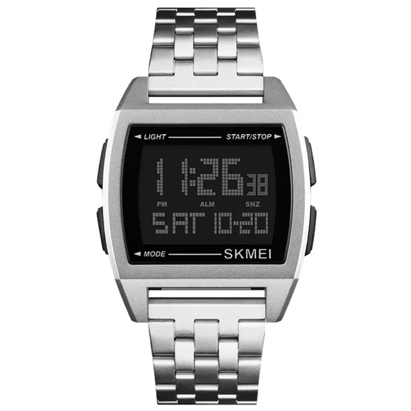 Skmeiスポーツスチールベルト時計メンズLEDデジタル防水電子時計1368