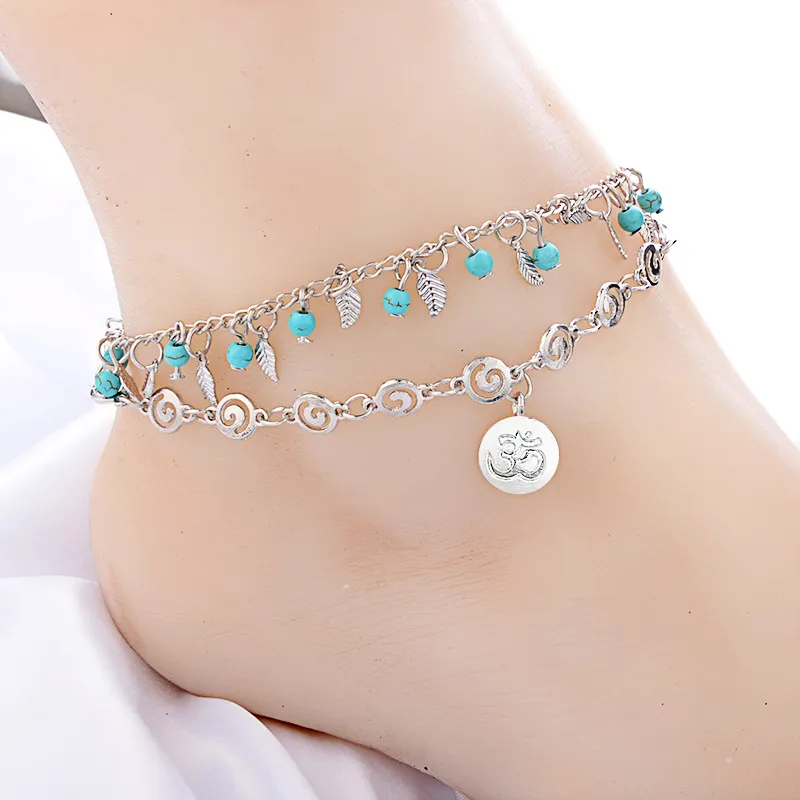 Silver layered anklet leaf cuff line cute compact beaded satellite pendant beach handmade delicate anklet bracelet ankle bracelet female