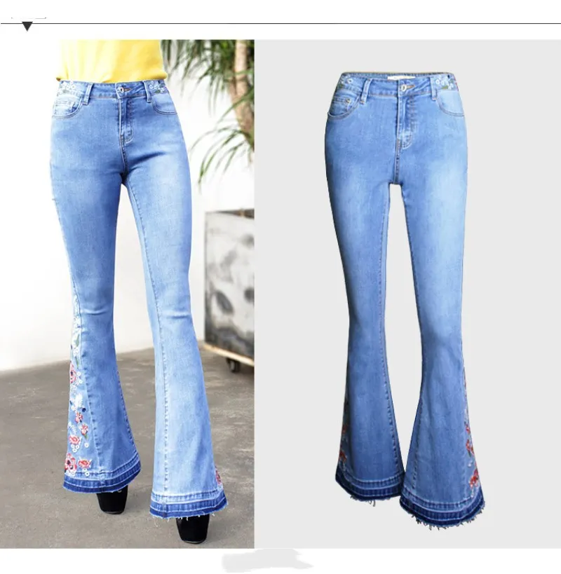 Европейские и американские женские джинсы продают широкие брюки ног, джинсовые расклешенные, женские вышитые брюки плюс размер
