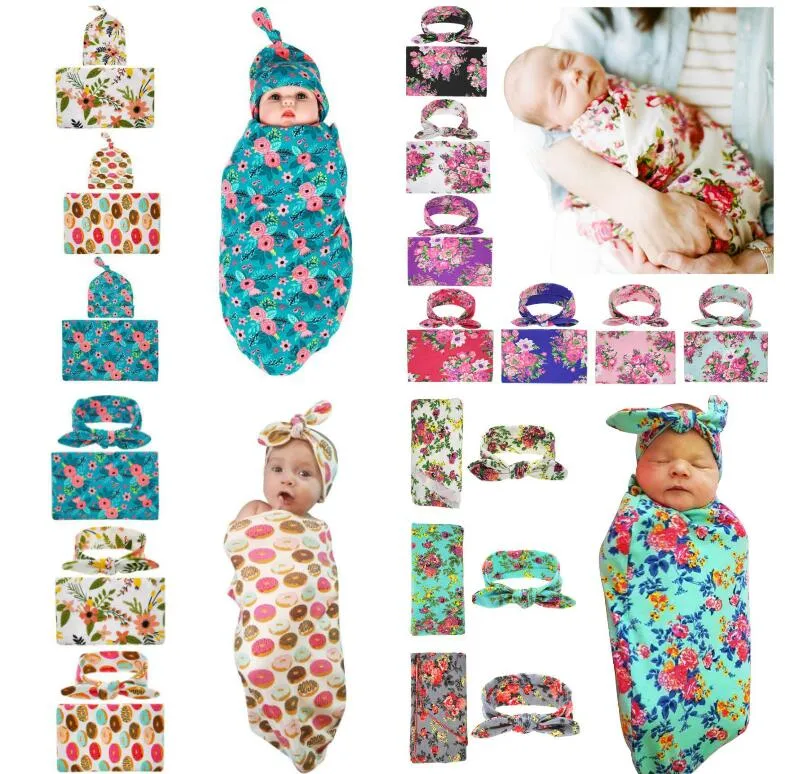 Nyfödd baby swaddle wrap filt hatt set spädbarn blomma blommig swaddle mjuk bomull sömn säck wrap tyg med båge mössor 13 stilar