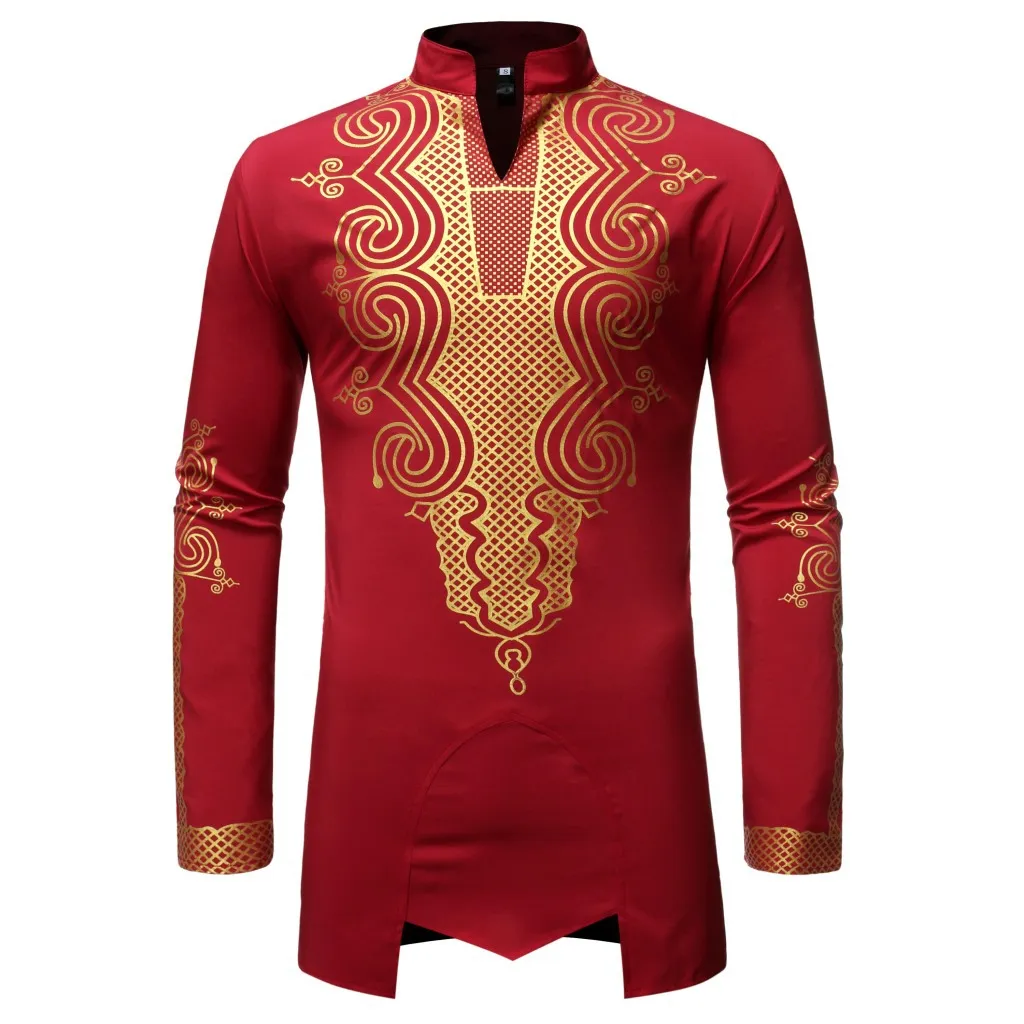 Harujuku Mens African Design Long Sleeve White Shirt Casual