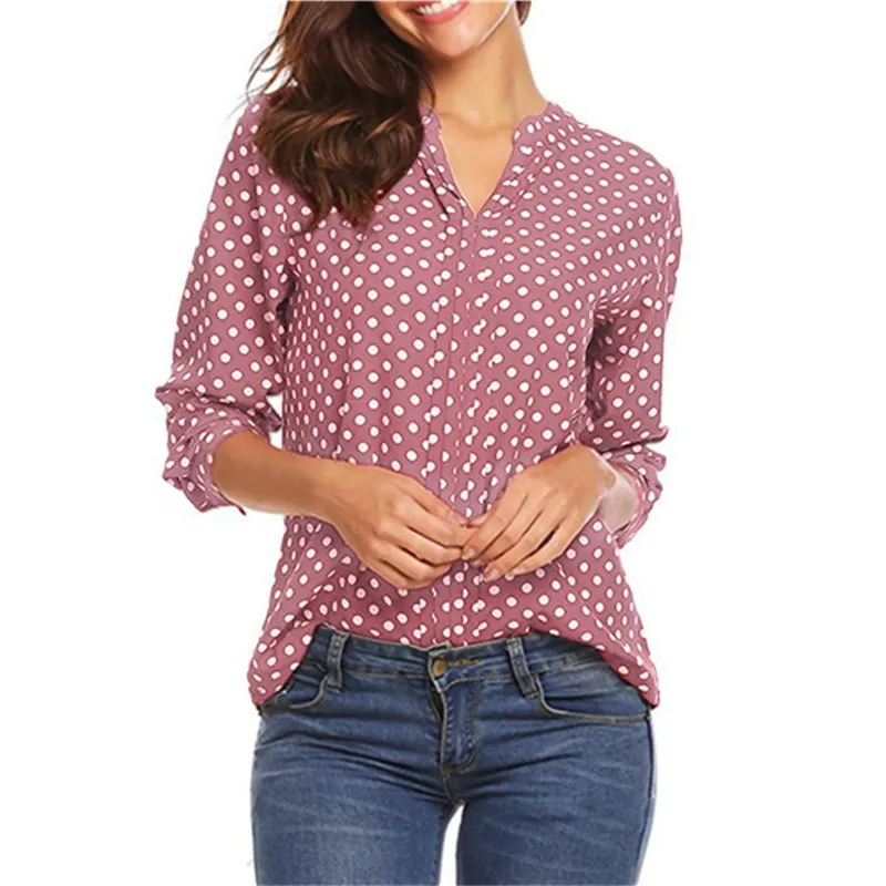 Polk ponto chiffon blusa camisas plus size 5xl v-decote manga longa trabalho escritório senhoras tops 2019 verão outono branco rosa