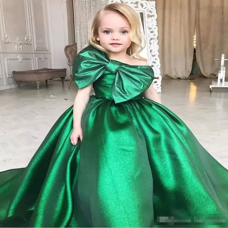 Esmeralda Verde Meninas Pageant Vestidos Grande Arco Frente Árabe Little Kids Criança Partido Prom Vestidos Flor Menina Vestido Barato