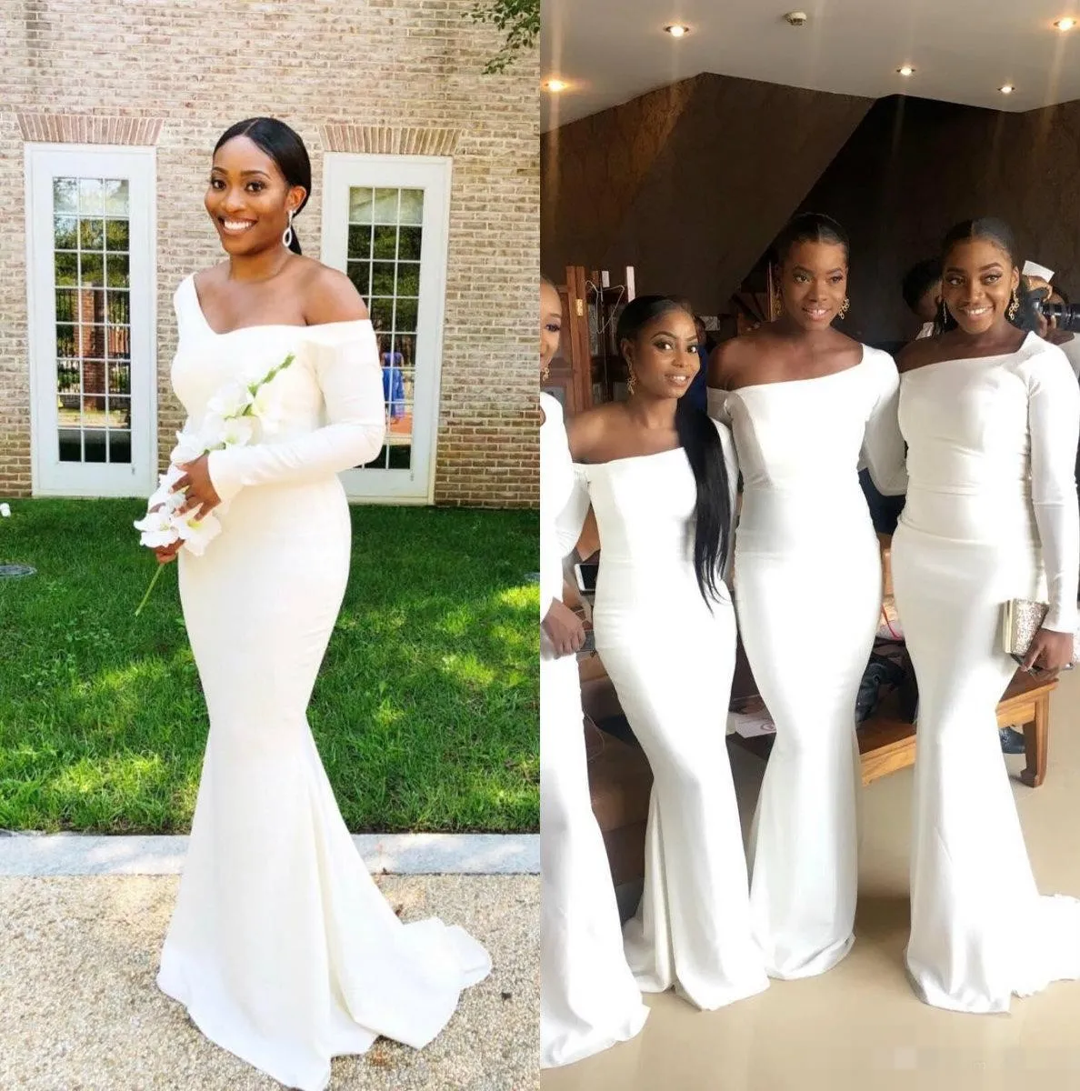 Cheap African Mermaid Bridesmaid Dresses Off Shoulder Satin Sweep Train Long Sleeves Pleats Plus Size Maid Of Honor Gowns 0418