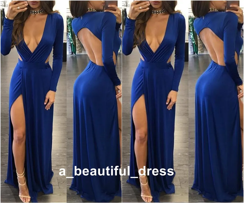 Robe de bal de printemps, décolleté en V profond, dos nu, bleu, Sexy, couleur unie, drapée, manches longues, élégante, fente, robes de soirée amples, ED1273