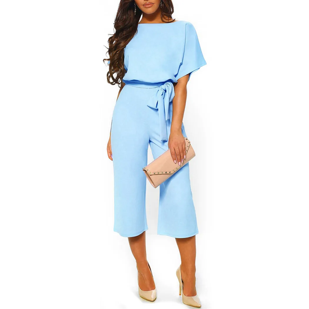 New Elegant Office Ladies Jumpsuits Womens Short Sleeve Rompers Jumpsuit Fashion Summer Lace Up Wide Leg Pants Overalls Bodysuit