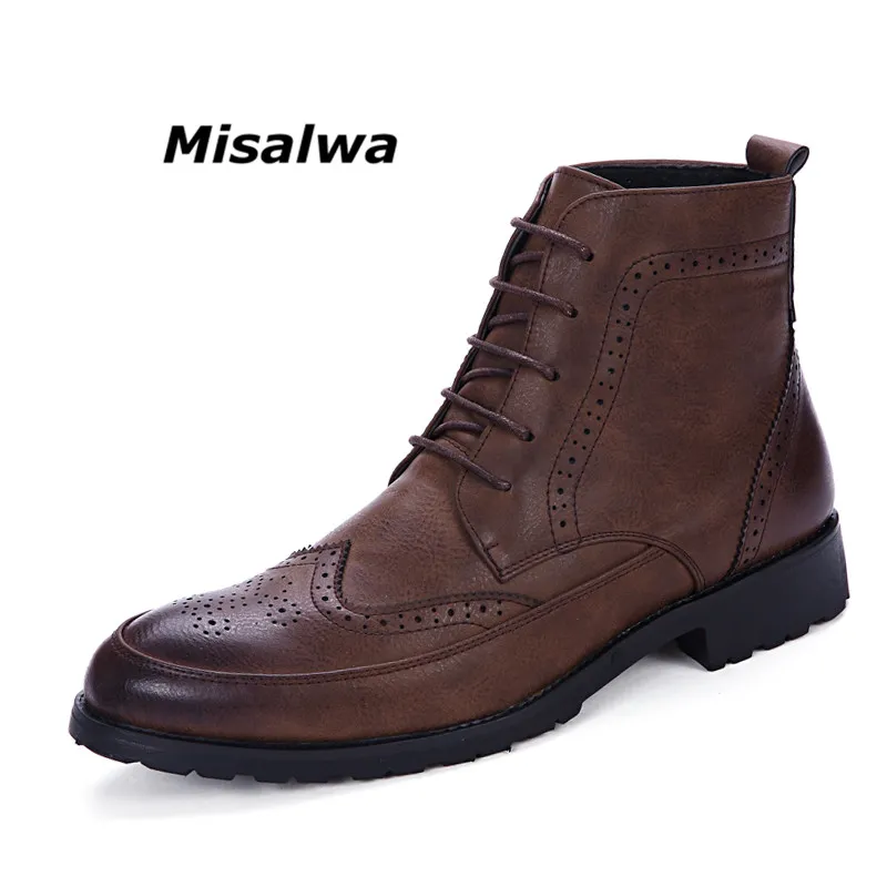 Misalwa Nowe Mężczyźni PU Skórzane kostki Oxford Buty Brytyjski Styl Mężczyzna Casual Lace Up Derby Buty Retro Rzeźbione Kwiat Buty Buty Buty