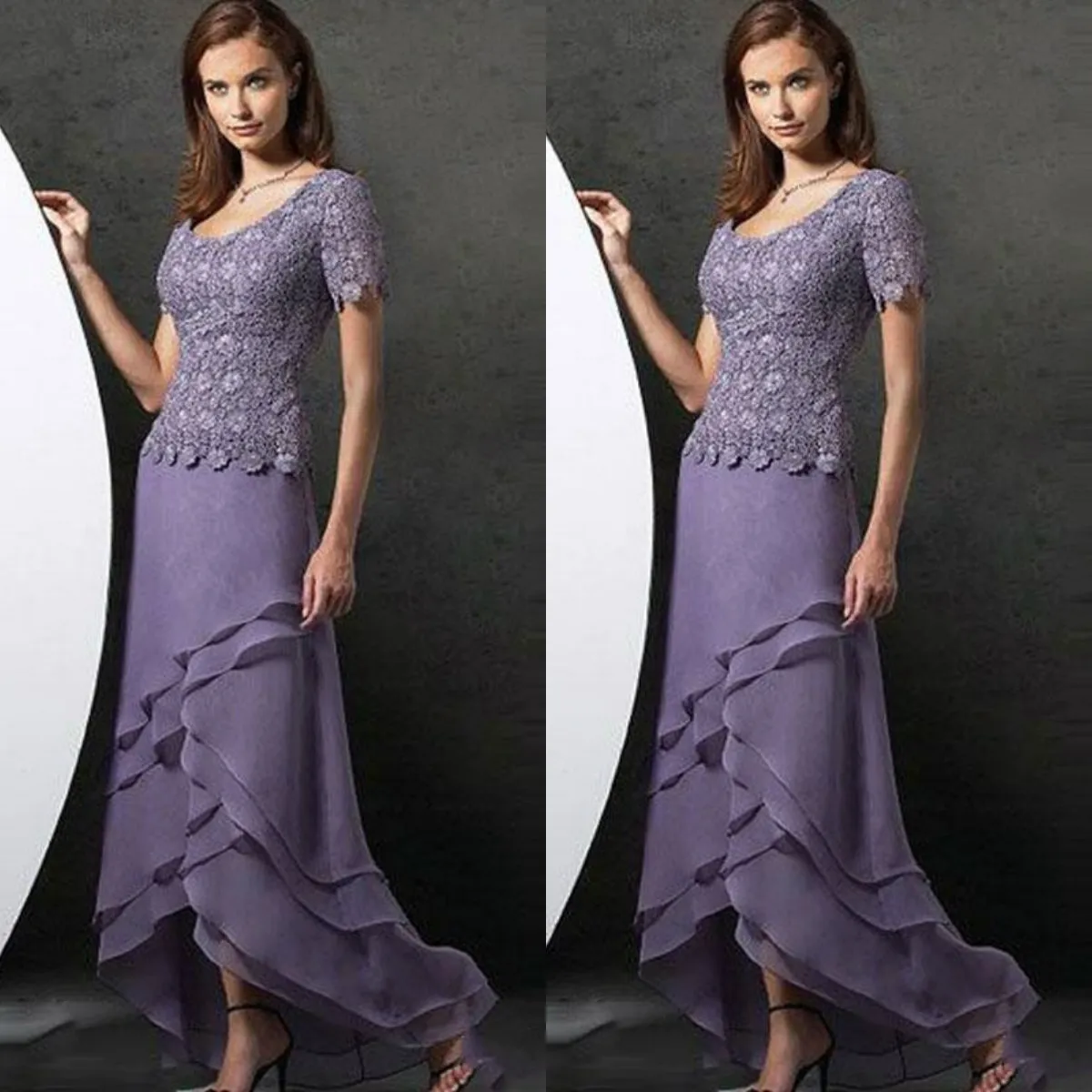 Abiti per la madre della sposa color lavanda Abiti da cerimonia con scollo alto e basso Abiti da cerimonia per ospiti su misura Maniche corte Una linea Plus Size Abito formale