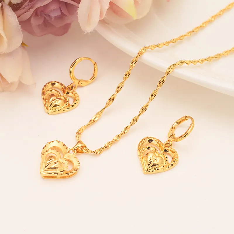 24 k Solid Gold GF Twin heart flower women Jewelry Sets Europe bridals Wedding Fine Gift Dubai pendnat earrings diy charms