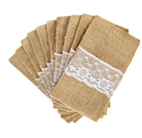 Jute Bestek Houder Vintage Shabby Chic Jute Kant Servies Pouch Packaging Fork Mes Pocket Party Decoration Free DHL