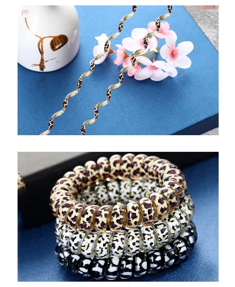 Women Girl Telephone Wire Cord Gum Coil Hair Ties Girls Elastic Hair Bands Ring Rope Leopard Print Bracelet Stretchy Hair Ropes