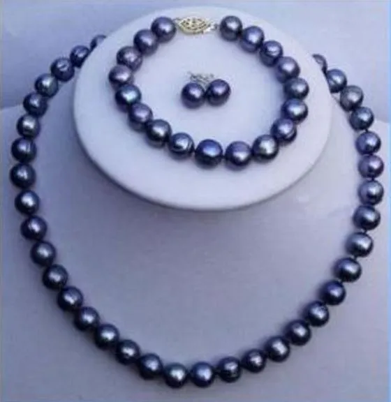 8-9mm Black South Sea Pearl Necklace Bracelet Earrings Set 18 Inch 7.5 Inch 14K Gold Accessories