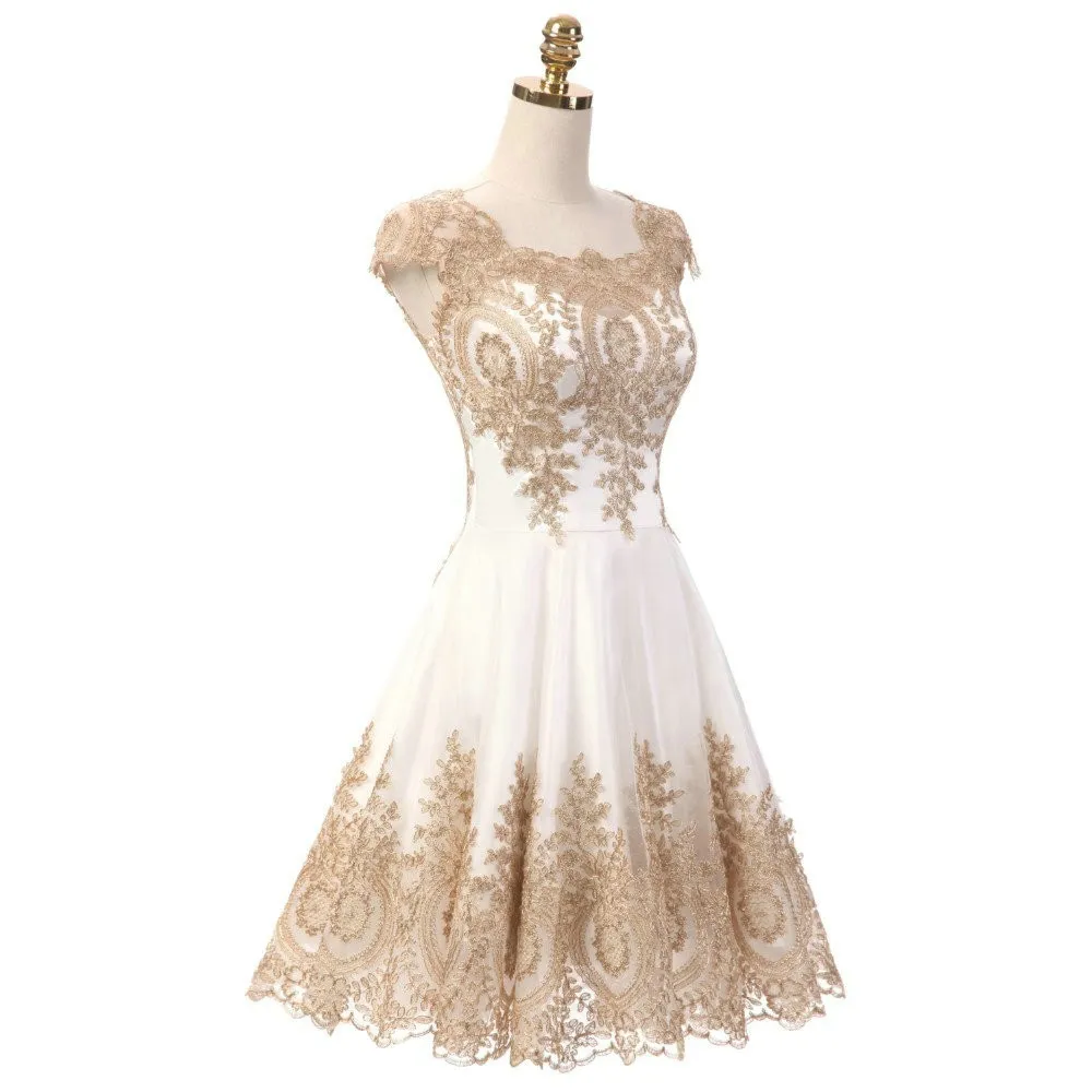 Gold Applique Short Prom Dress With Sleeves, Square... From Lovemydress,  $78.9 | DHgate.Com